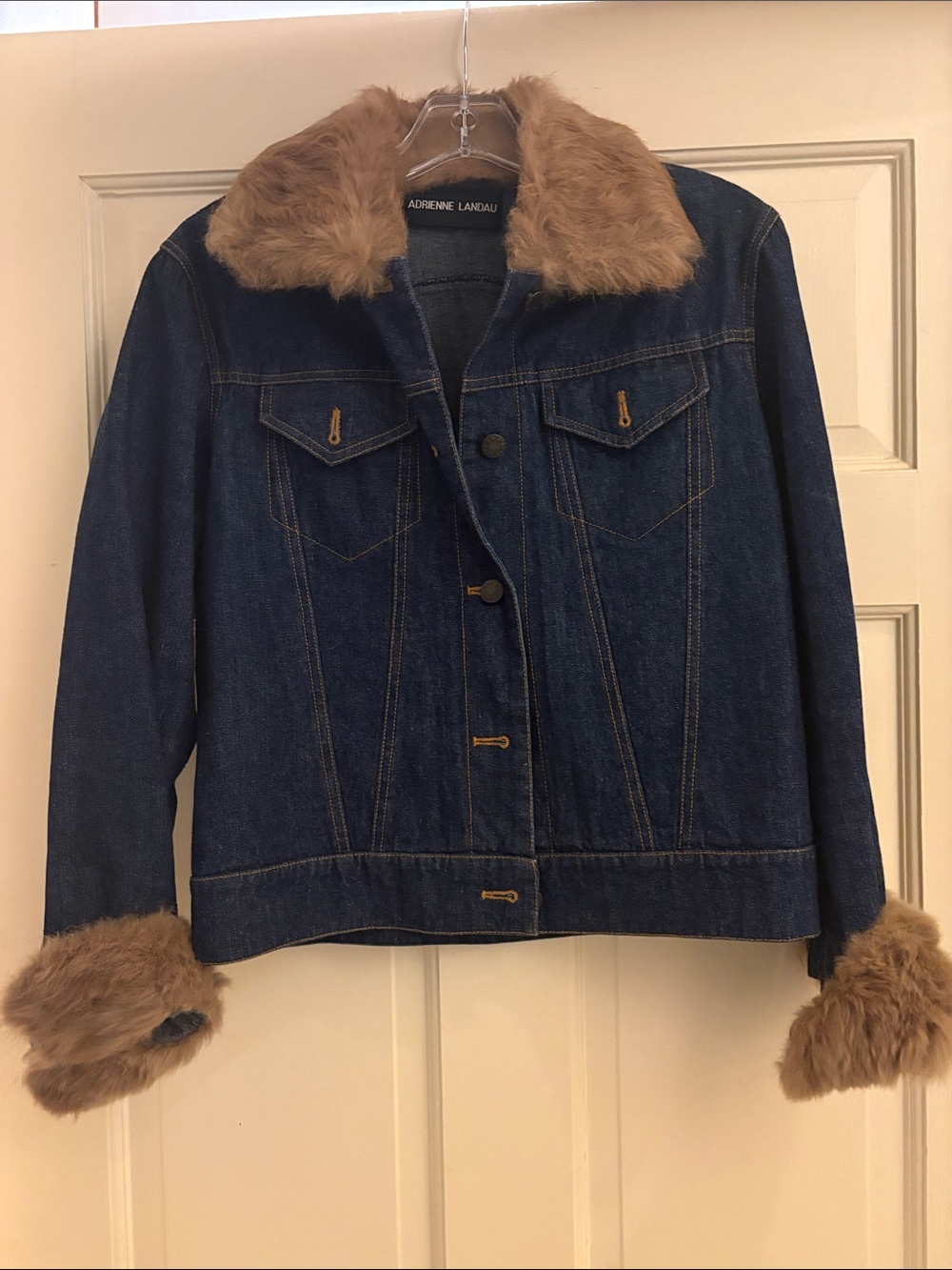 Adrienne Landau Dark Blue Denim Jacket with Tan Rabbit Fur Collar & Cuffs, S